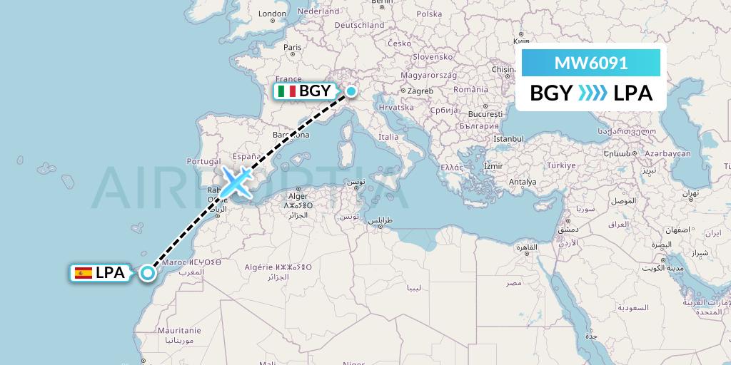 MW6091 Mokulele Flight Service Flight Map: Milan to Las Palmas