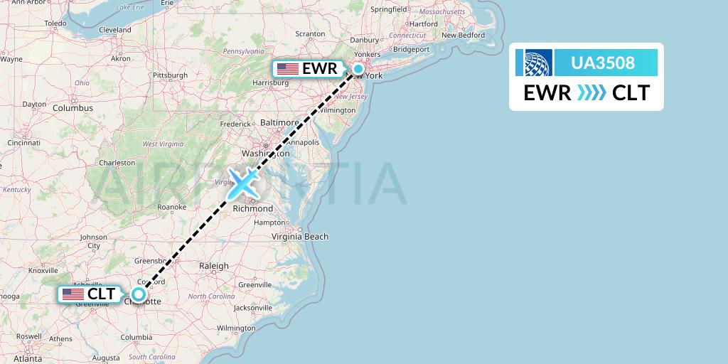 UA3508 United Airlines Flight Map: New York to Charlotte