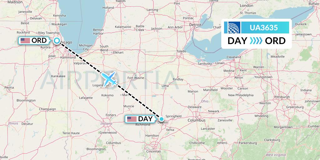 UA3635 United Airlines Flight Map: Dayton to Chicago