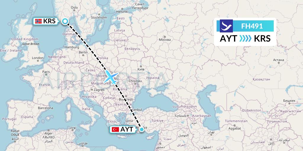 FH491 Freebird Airlines Flight Map: Antalya to Kristiansand