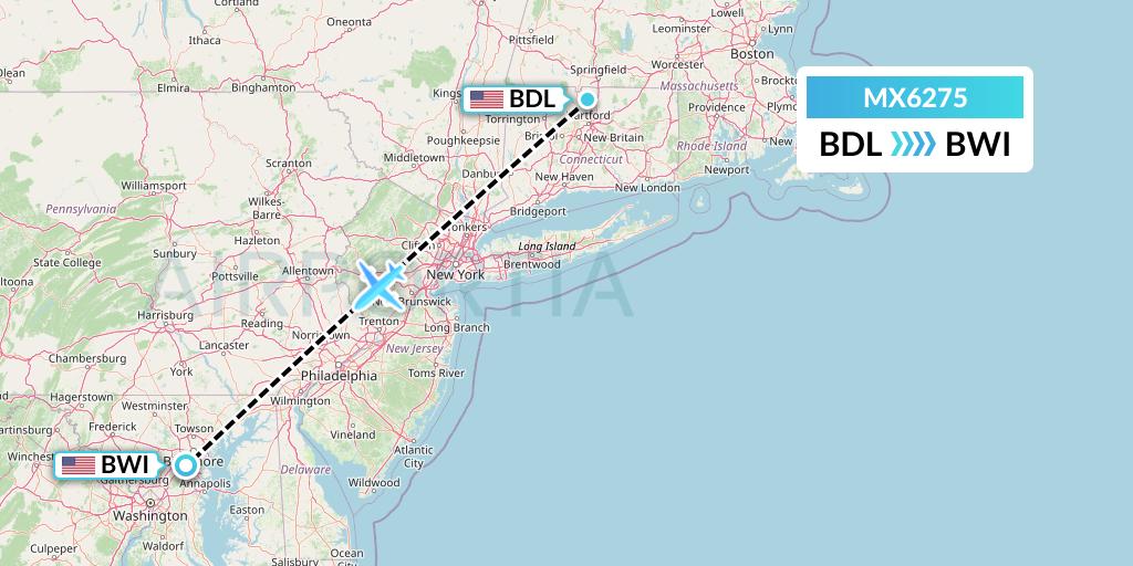 MX6275 Breeze Airways Flight Map: Windsor Locks to Baltimore