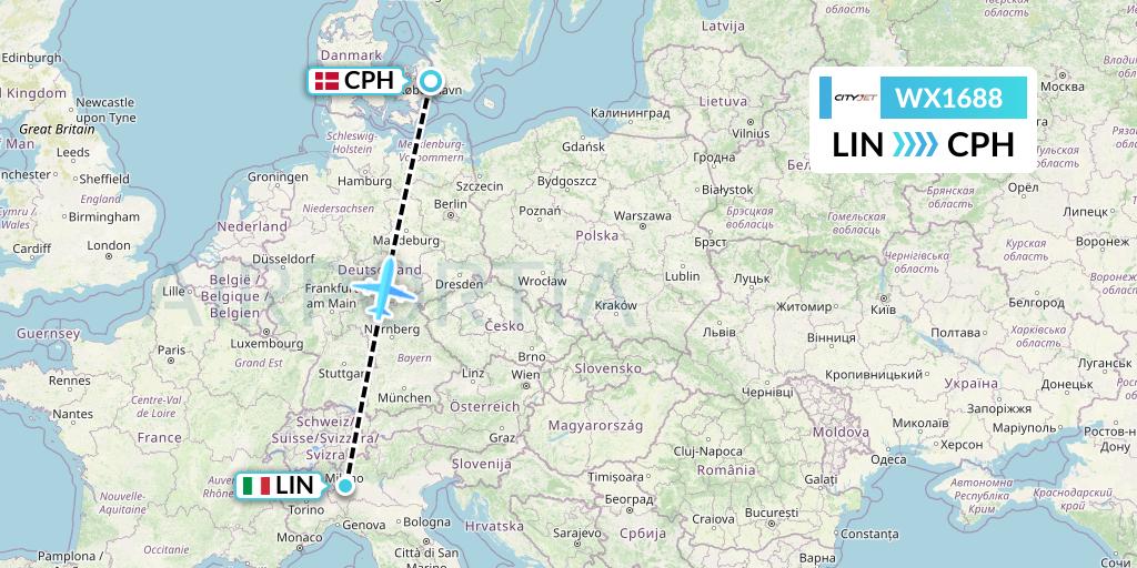 WX1688 Cityjet Flight Map: Milan to Copenhagen