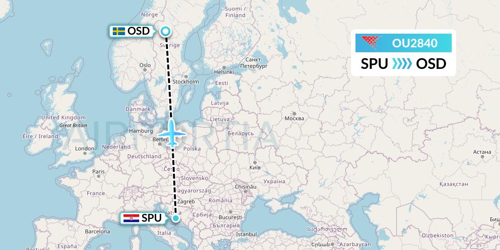 OU2840 Croatia Airlines Flight Map: Split to Ostersund