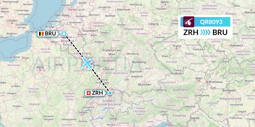 QR8093 Qatar Airways Flight Map: Zurich to Brussels