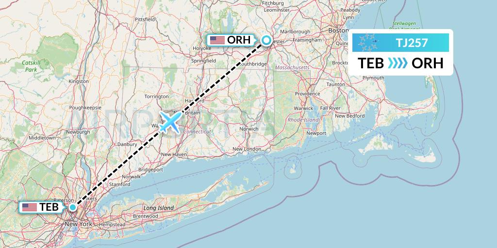TJ257 Tradewind Aviation Flight Map: Teterboro to Worcester