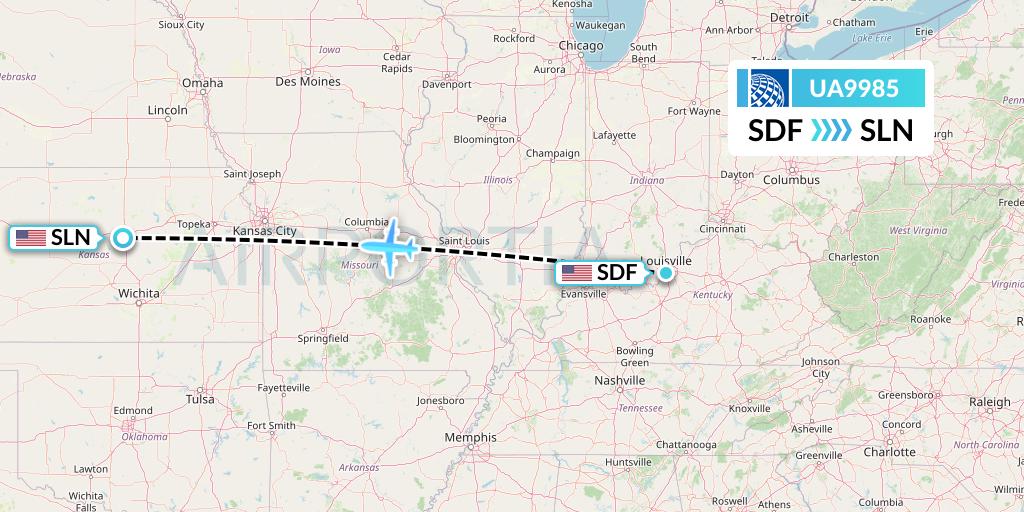 UA9985 United Airlines Flight Map: Louisville to Salina