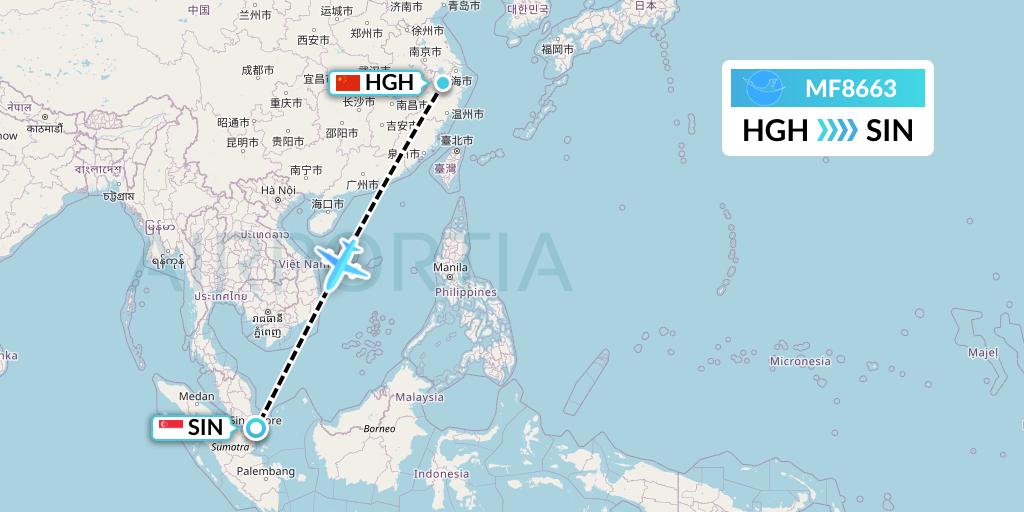 MF8663 Xiamen Airlines Flight Map: Hangzhou to Singapore