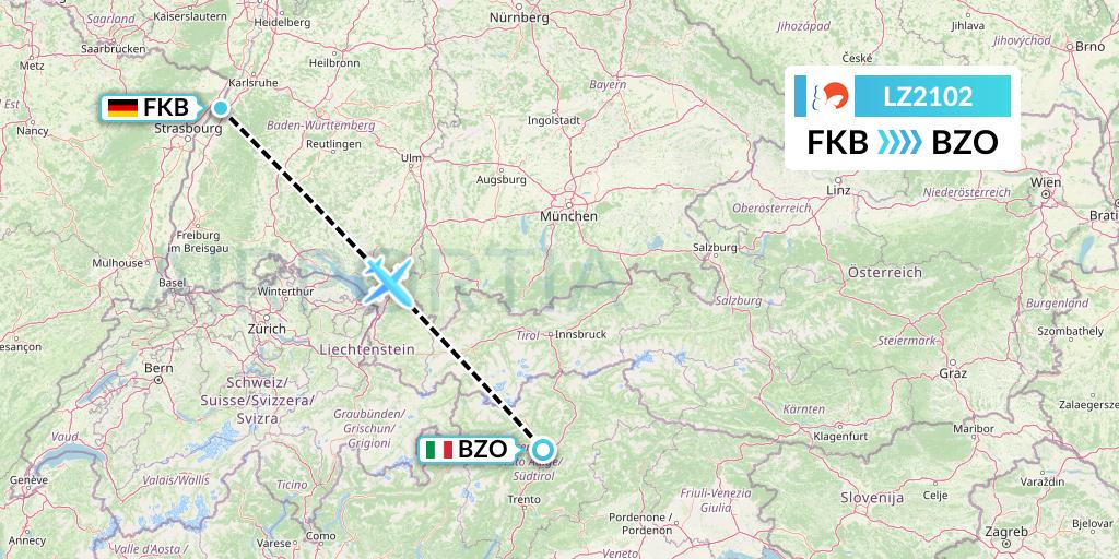 LZ2102 Air Link Flight Map: Karlsruhe/Baden-Baden to Bolzano