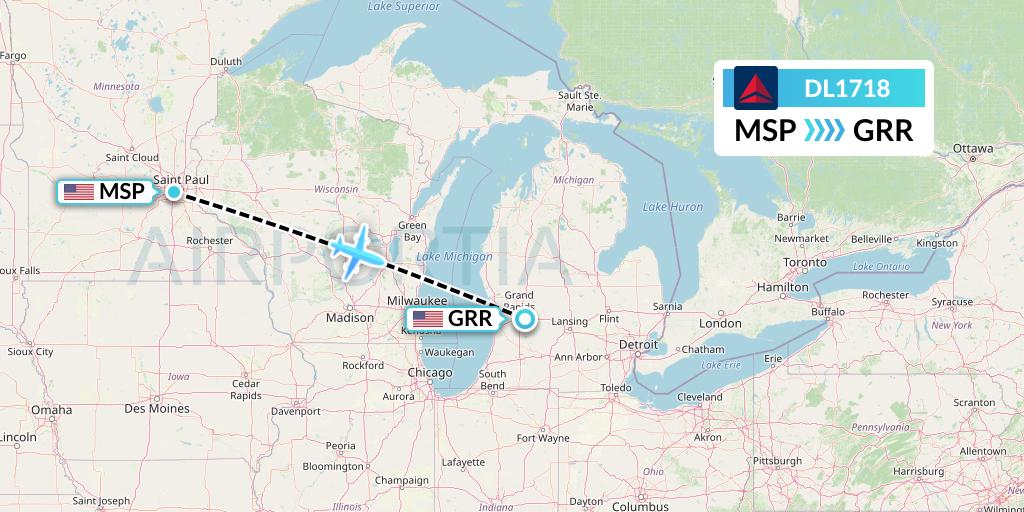 DL1718 Delta Air Lines Flight Map: Minneapolis to Grand Rapids