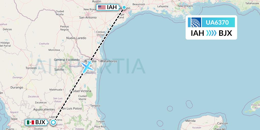 UA6370 United Airlines Flight Map: Houston to Silao