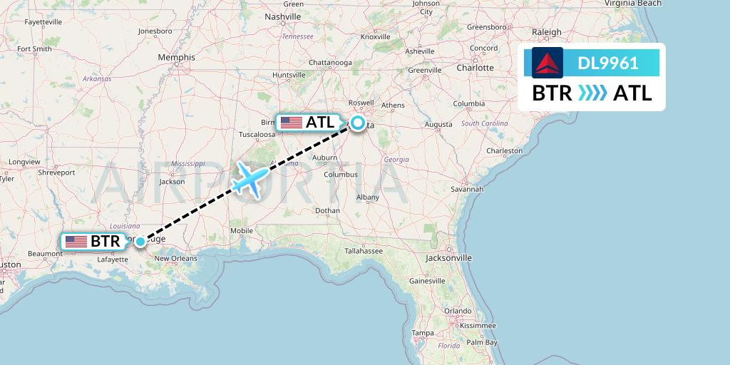 DL9961 Delta Air Lines Flight Map: Baton Rouge to Atlanta