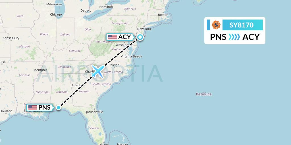 SY8170 Sun Country Airlines Flight Map: Pensacola to Atlantic City