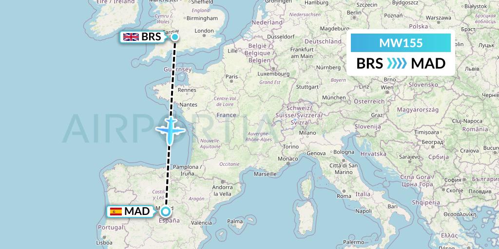 MW155 Mokulele Flight Service Flight Map: Bristol to Madrid