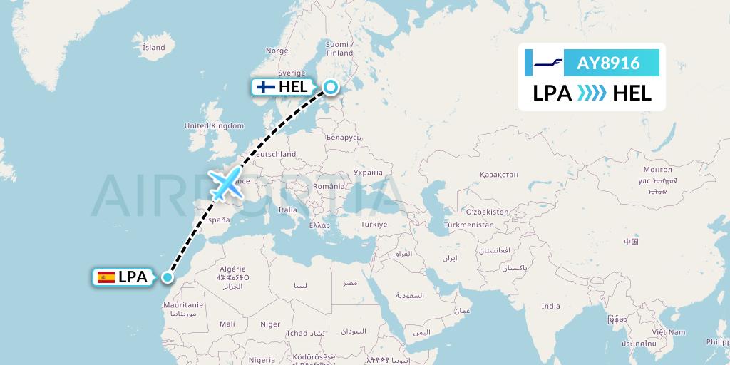 AY8916 Finnair Flight Map: Las Palmas to Helsinki
