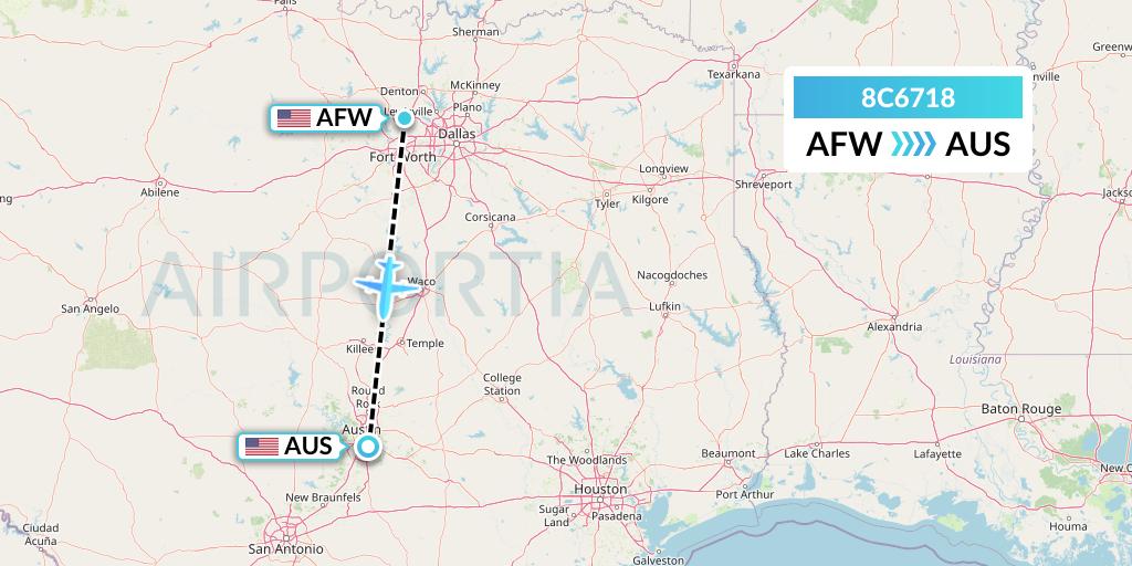 8C6718 Air Transport International Flight Map: Fort Worth to Austin