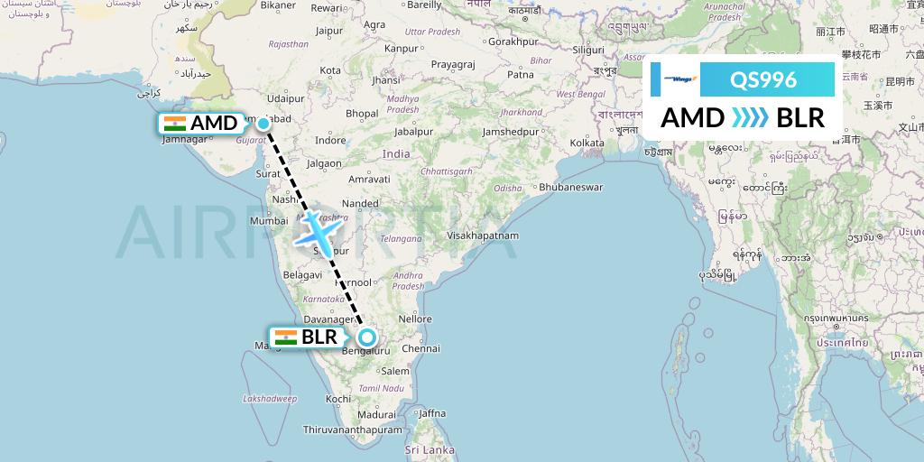 QS996 Smartwings Flight Map: Ahmedabad to Bangalore