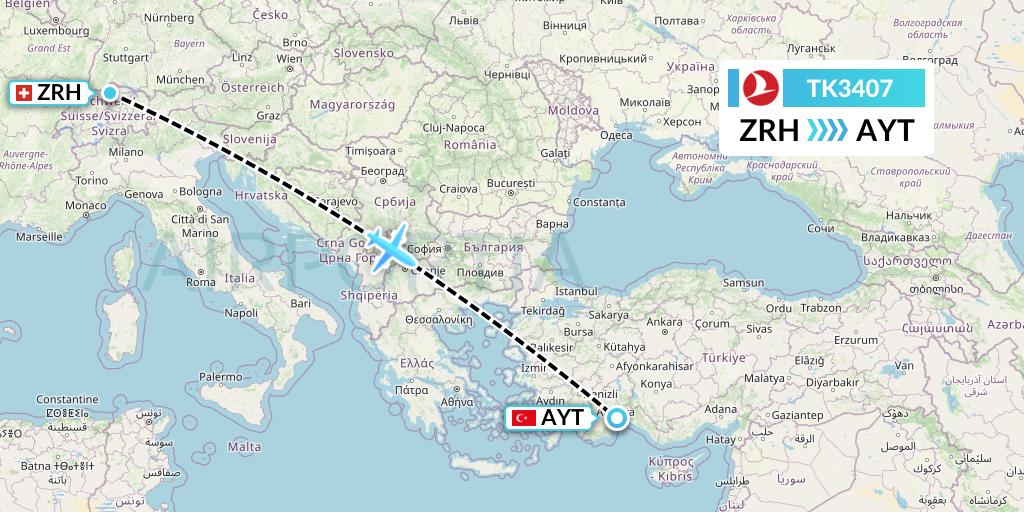 TK3407 Turkish Airlines Flight Map: Zurich to Antalya