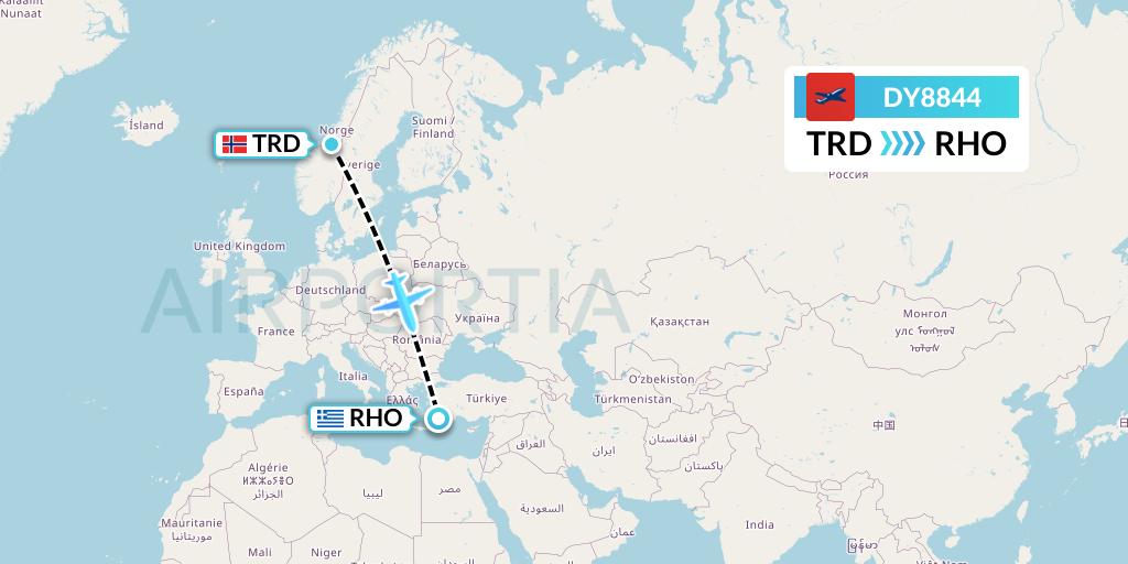 DY8844 Norwegian Flight Map: Trondheim to Rhodes