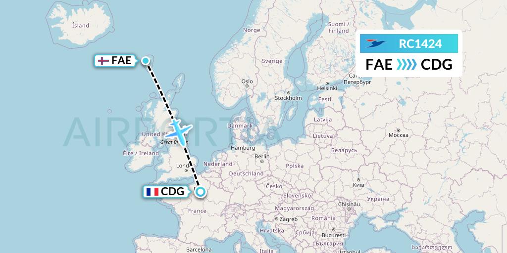 RC1424 Atlantic Airways Flight Map: Vagar to Paris