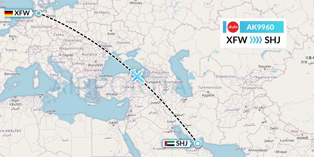 AK9960 AirAsia Flight Map: Hamburg to Sharjah