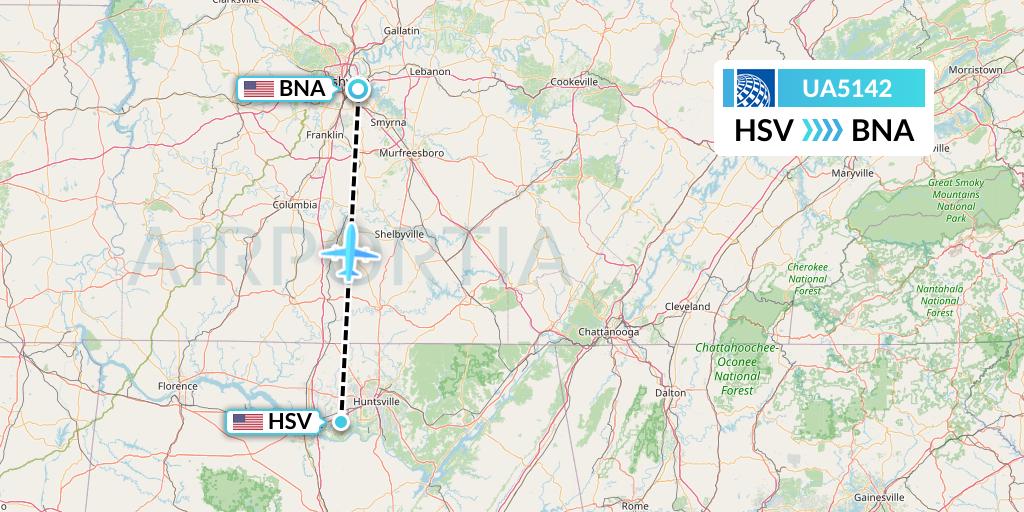 UA5142 United Airlines Flight Map: Huntsville to Nashville