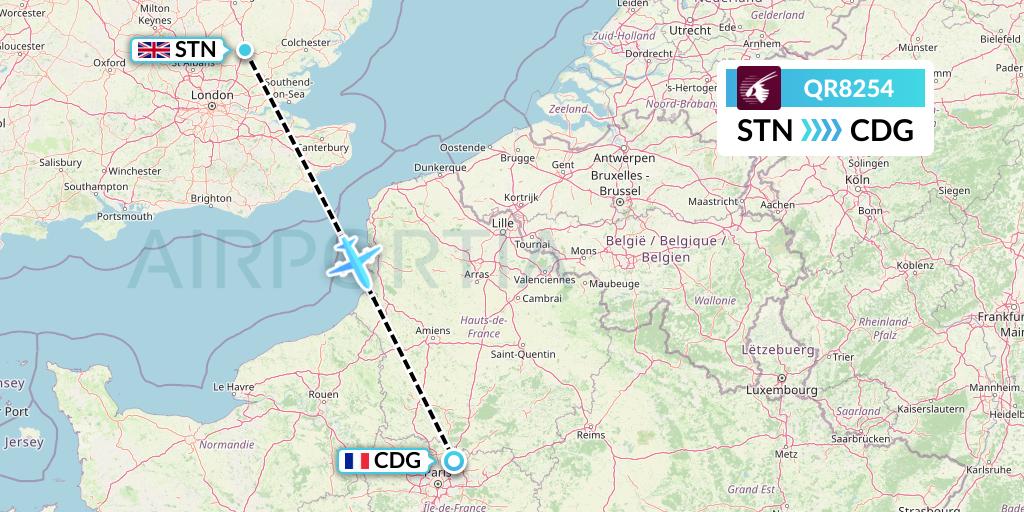 QR8254 Qatar Airways Flight Map: London to Paris