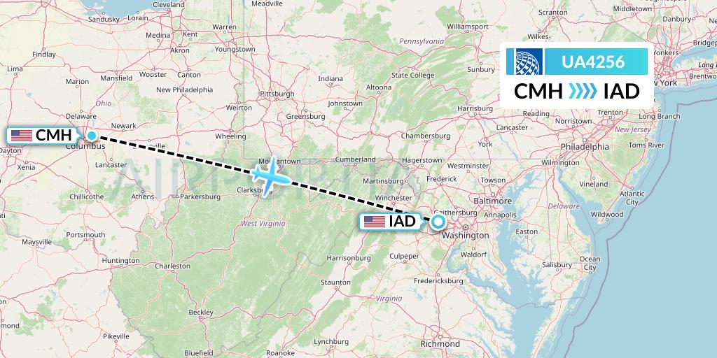 UA4256 United Airlines Flight Map: Columbus to Washington