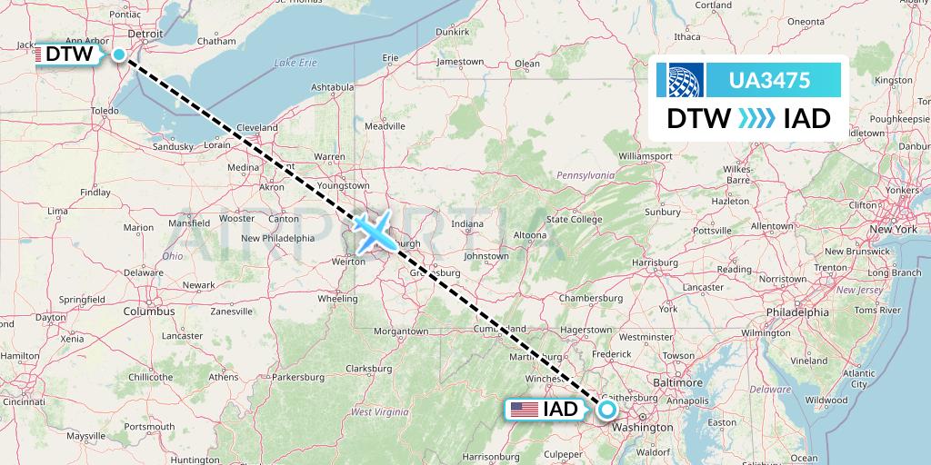 UA3475 United Airlines Flight Map: Detroit to Washington