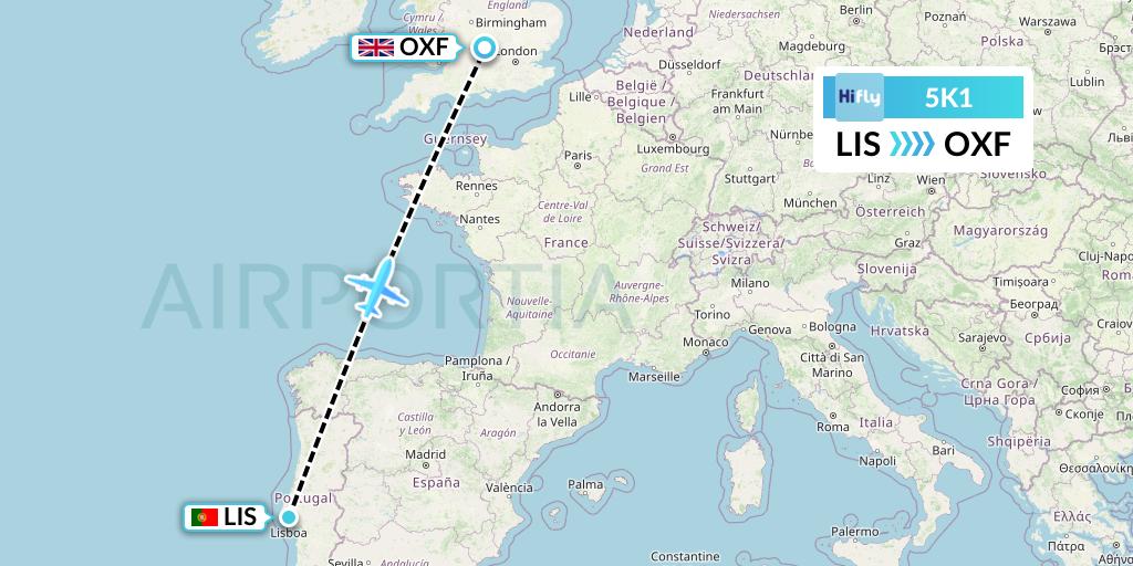 5K1 Hi Fly Flight Map: Lisbon to Oxford