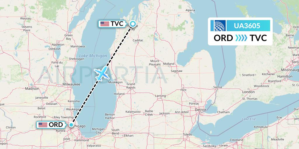UA3605 United Airlines Flight Map: Chicago to Traverse City