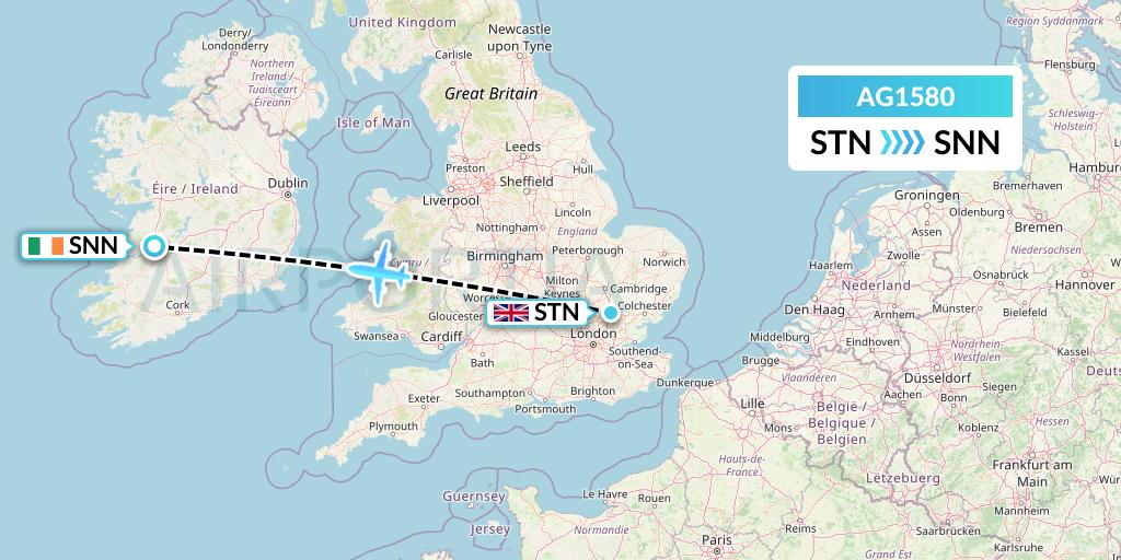 AG1580 Aruba Airlines Flight Map: London to Shannon