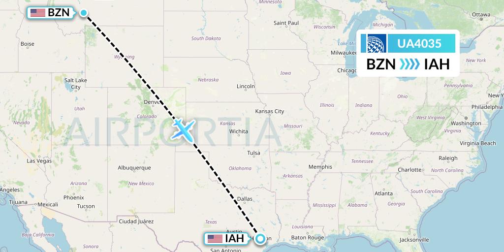 UA4035 United Airlines Flight Map: Bozeman to Houston