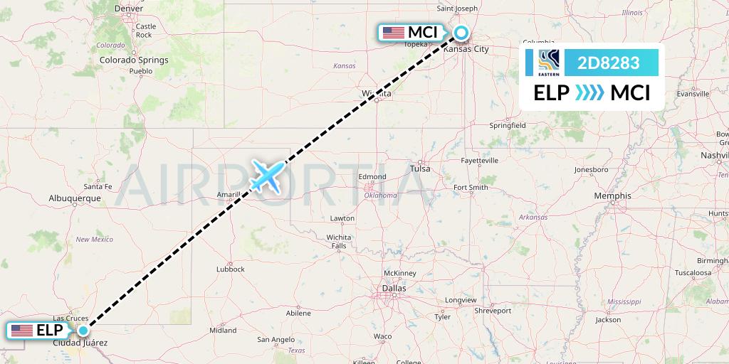 2D8283 Dynamic Airways Flight Map: El Paso to Kansas City