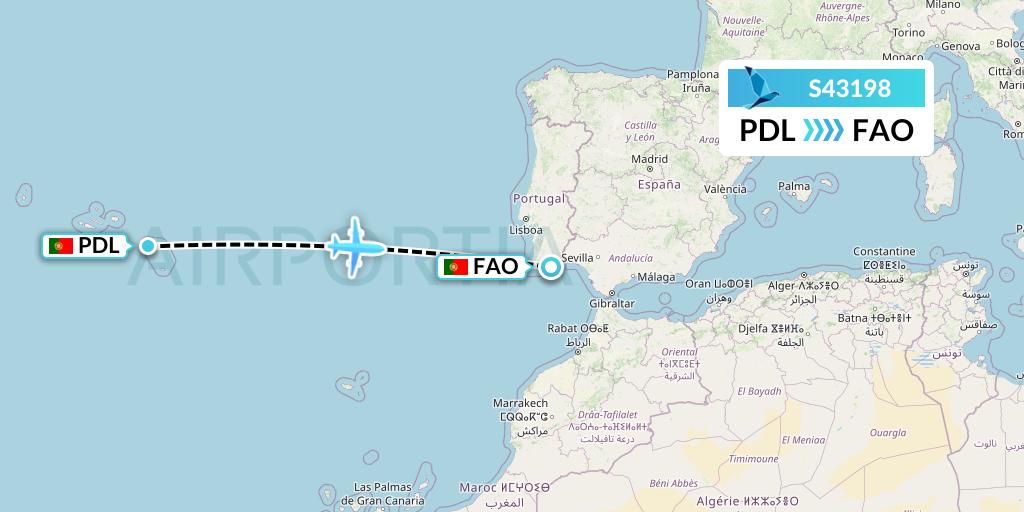 S43198 Azores Airlines Flight Map: Ponta Delgada to Faro