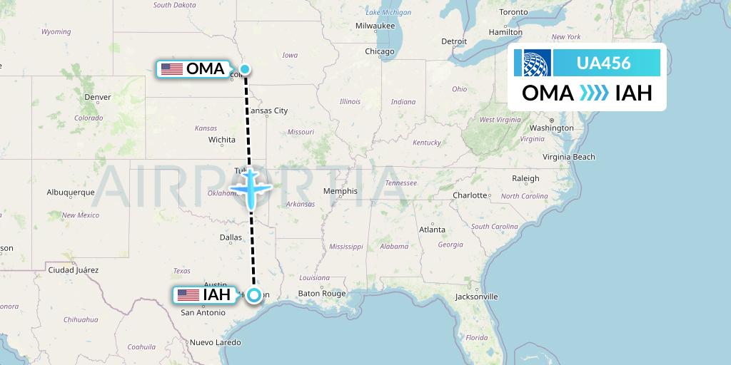UA456 United Airlines Flight Map: Omaha to Houston