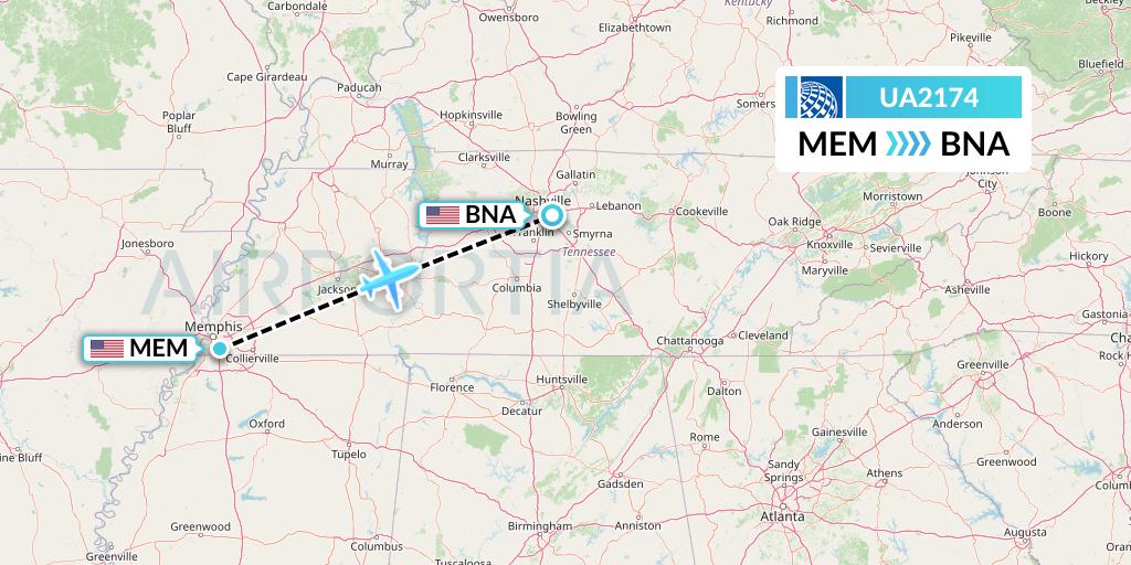 UA2174 United Airlines Flight Map: Memphis to Nashville