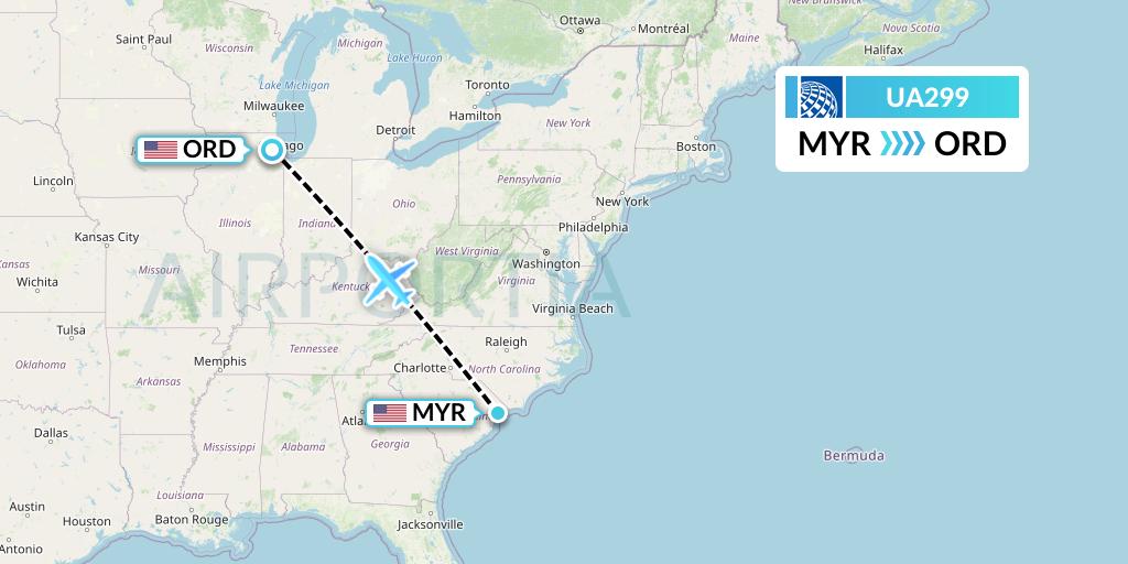UA299 United Airlines Flight Map: Myrtle Beach to Chicago