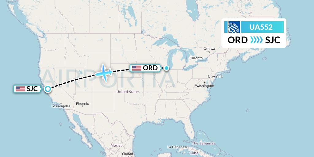 UA552 United Airlines Flight Map: Chicago to San Jose