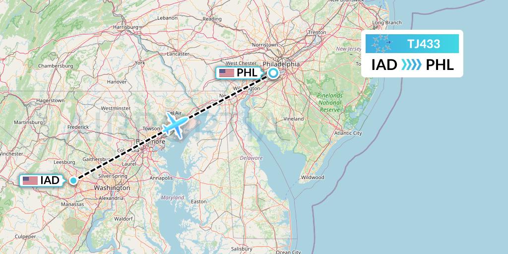 TJ433 Tradewind Aviation Flight Map: Washington to Philadelphia