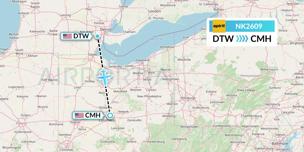 NK2609 Spirit Airlines Flight Map: Detroit to Columbus