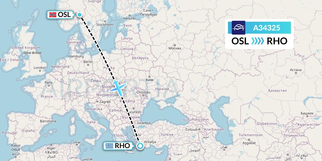 A34325 Aegean Airlines Flight Map: Oslo to Rhodes