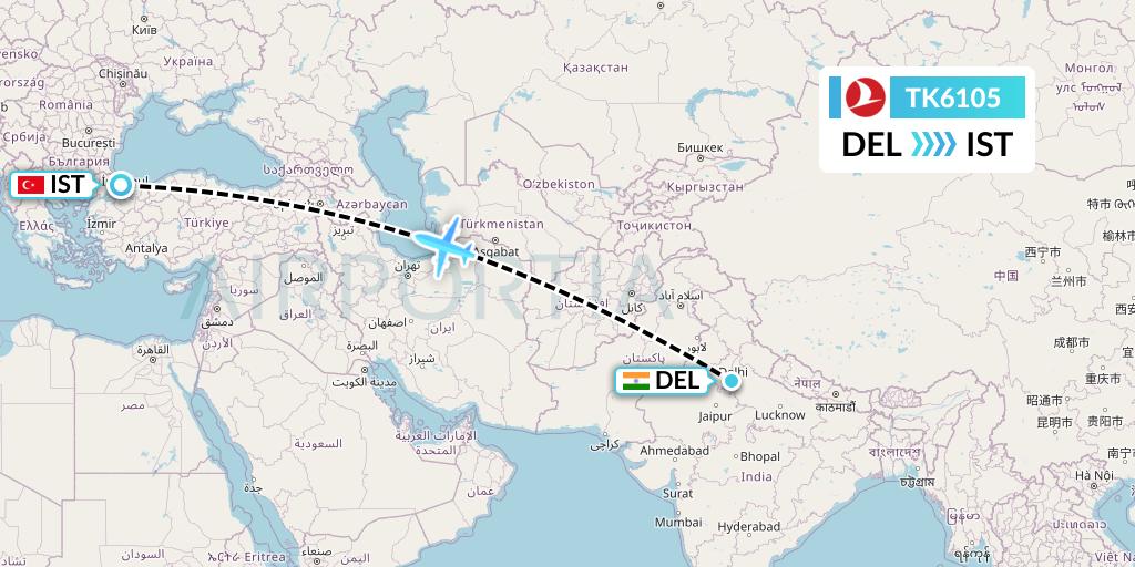 TK6105 Turkish Airlines Flight Map: Delhi to Istanbul