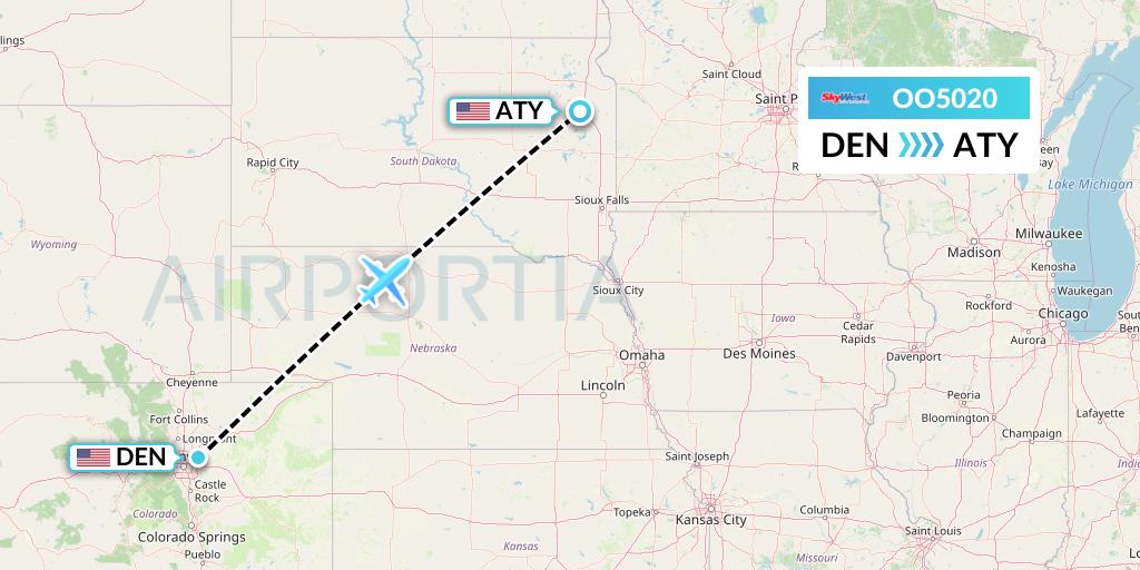 OO5020 SkyWest Airlines Flight Map: Denver to Watertown
