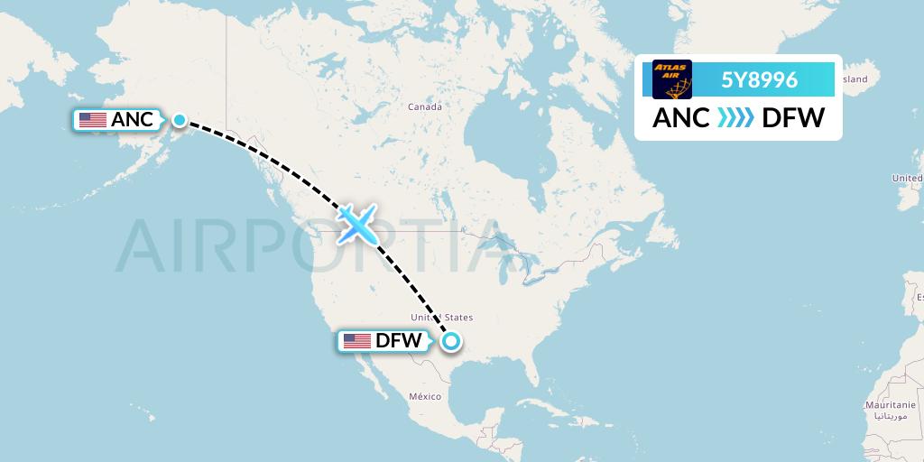 5Y8996 Atlas Air Flight Map: Anchorage to Dallas