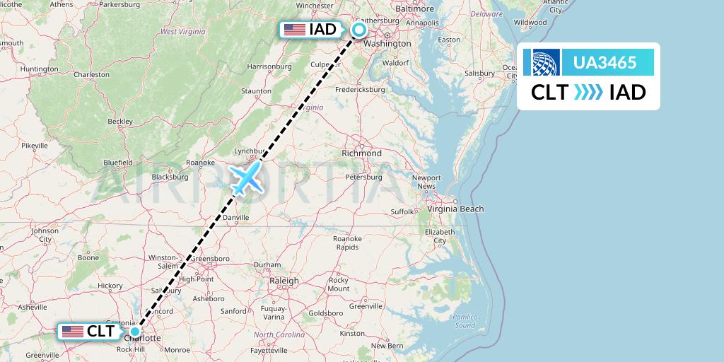 UA3465 United Airlines Flight Map: Charlotte to Washington