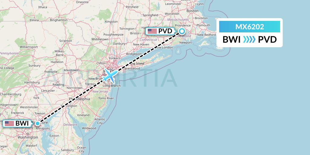 MX6202 Breeze Airways Flight Map: Baltimore to Providence