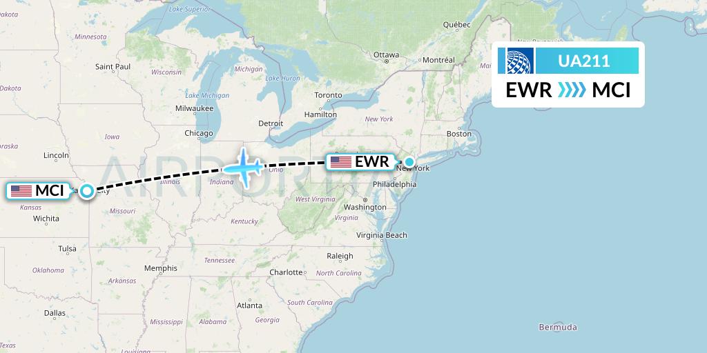 UA211 United Airlines Flight Map: New York to Kansas City