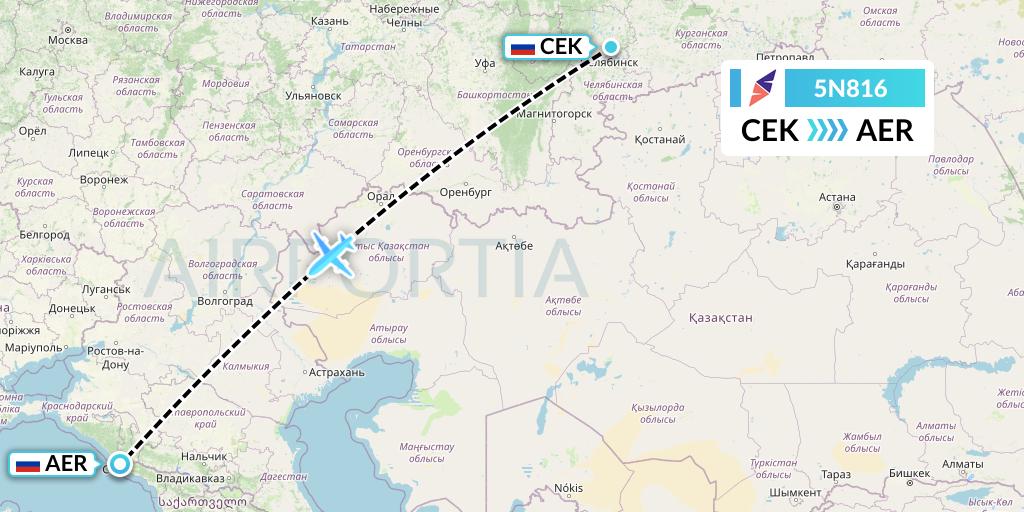 5N816 Nordavia Flight Map: Chelyabinsk to Sochi