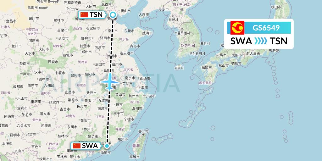 GS6549 Tianjin Airlines Flight Map: Jieyang to Tianjin