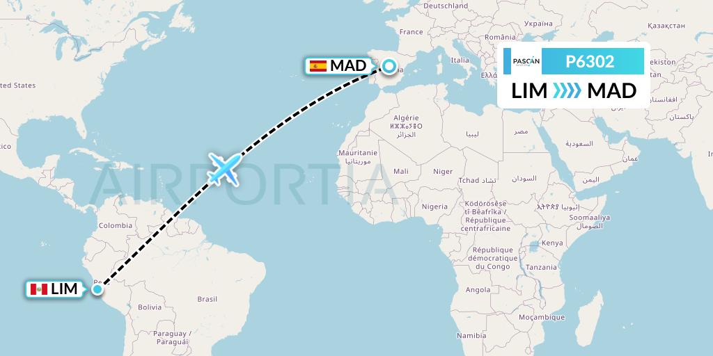P6302 Pascan Aviation Flight Map: Lima to Madrid